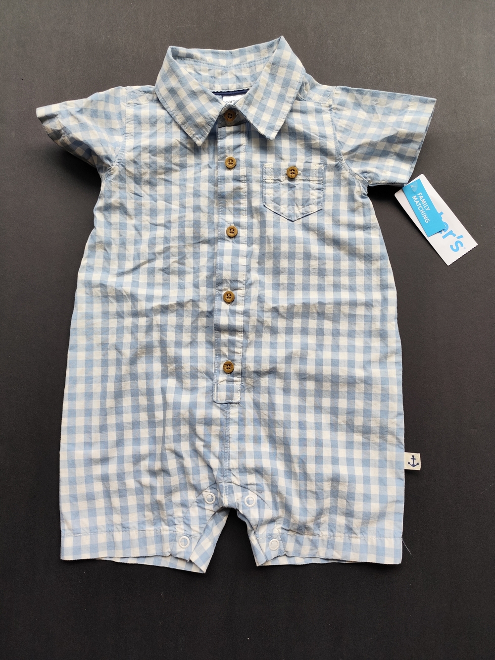 3/$25💙Carter's Blue and White Gingham Short-Sleeve Romper 9m